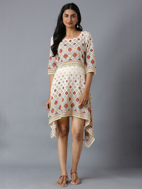 

AURELIA White Ethnic Motifs Satin A-Line Dress
