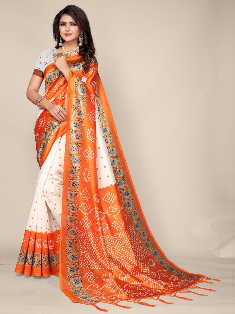 

DIVASTRI Orange & White Floral Art Silk Bandhani Saree