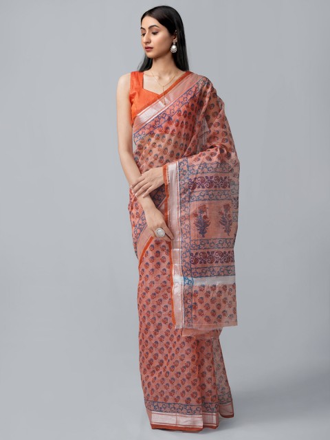 

Unnati Silks Orange & Rust Ethnic Motifs Pure Cotton Block Print Saree
