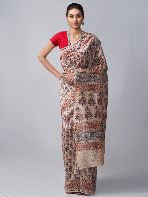 

Unnati Silks Cream-Coloured & Blue Kalamkari Silk Cotton Chanderi Saree