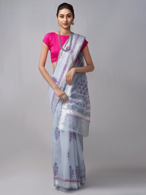 

Unnati Silks Blue & Purple Ethnic Motifs Pure Cotton Block Print Saree