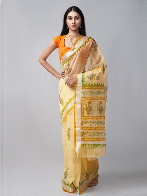 

Unnati Silks Yellow & Green Ethnic Motifs Pure Cotton Block Print Saree