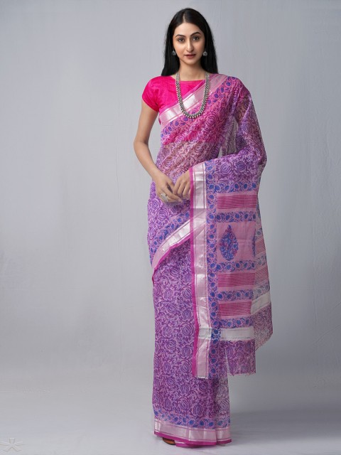

Unnati Silks Violet & Blue Ethnic Motifs Pure Cotton Block Print Saree