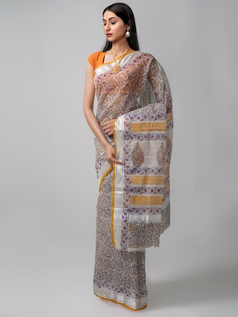 

Unnati Silks Grey & Gold-Toned Ethnic Motifs Zari Pure Cotton Block Print Saree