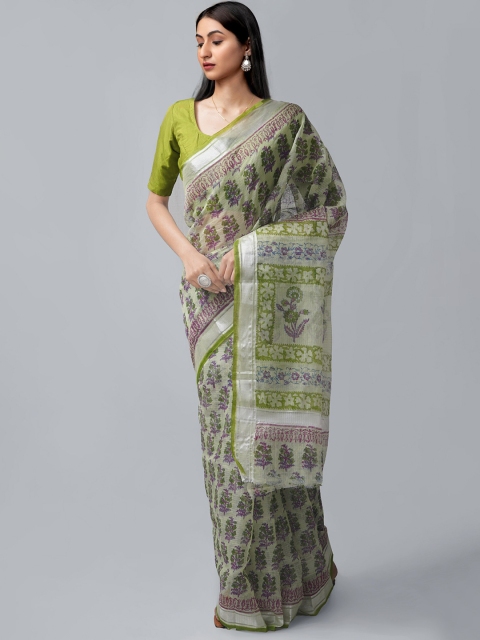 

Unnati Silks Green & White Ethnic Motifs Pure Cotton Block Print Saree