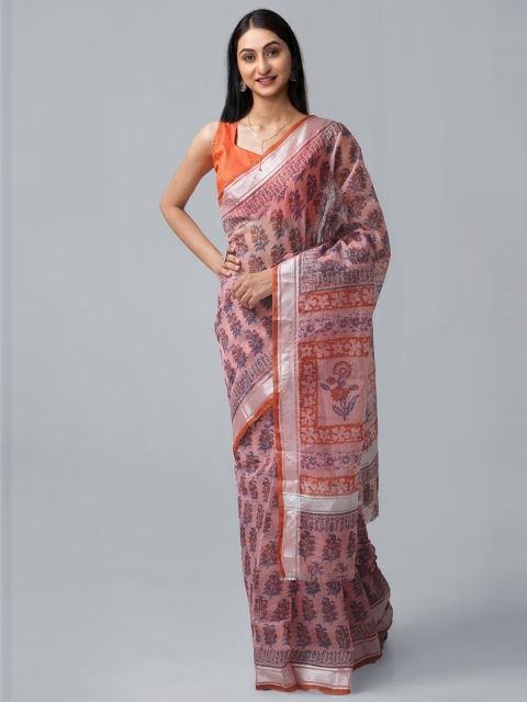 

Unnati Silks Pink & Blue Ethnic Motifs Pure Cotton Block Print Saree