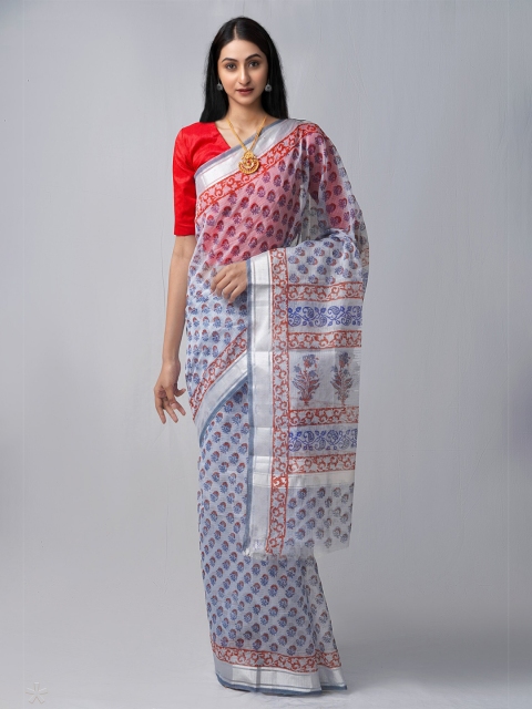 

Unnati Silks Blue & White Ethnic Motifs Zari Pure Cotton Block Print Saree