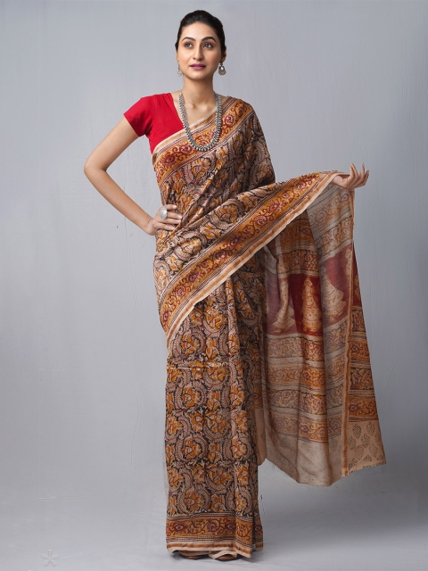 

Unnati Silks Brown & Gold-Toned Kalamkari Silk Cotton Chanderi Saree
