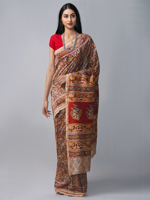 

Unnati Silks Maroon & Orange Kalamkari Silk Cotton Chanderi Saree