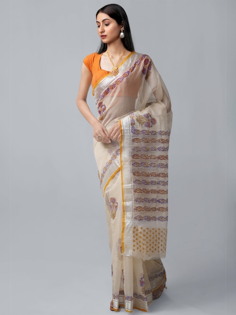 

Unnati Silks Grey & Yellow Ethnic Motifs Zari Pure Cotton Block Print Saree