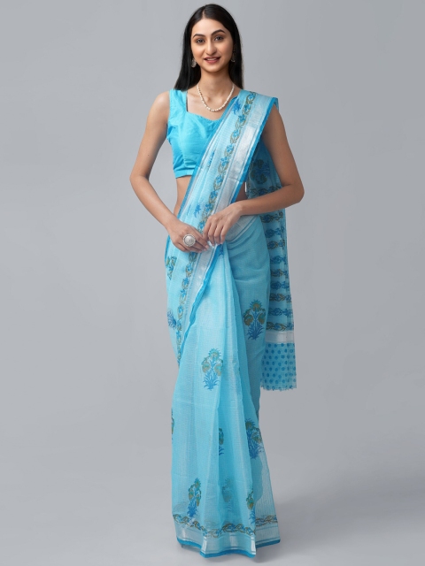 

Unnati Silks Blue & Silver-Toned Ethnic Motifs Zari Pure Cotton Block Print Saree