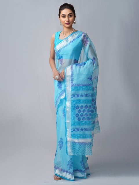 

Unnati Silks Blue & Silver-Toned Ethnic Motifs Pure Cotton Block Print Saree
