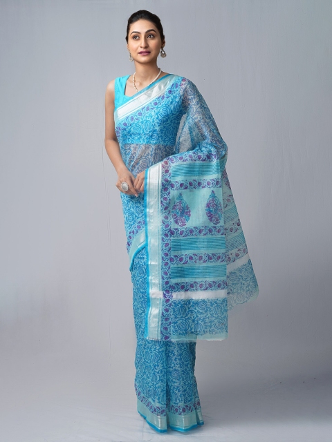 

Unnati Silks Blue & Silver-Toned Ethnic Motifs Zari Pure Cotton Block Print Saree