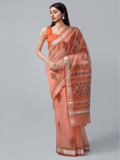 

Unnati Silks Orange & Green Ethnic Motifs Pure Cotton Block Print Saree