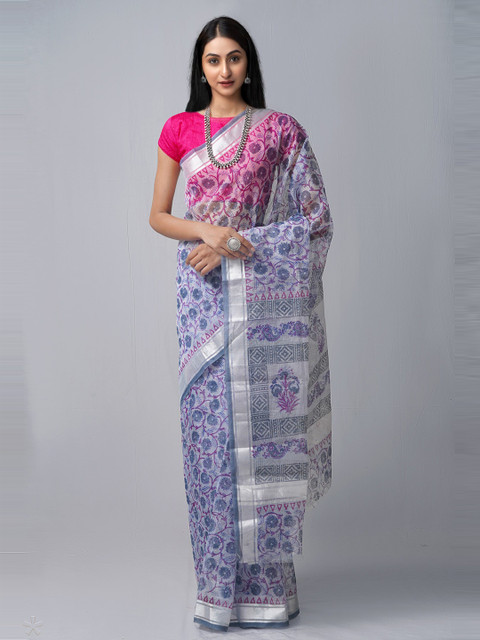 

Unnati Silks Blue & Silver-Toned Ethnic Motifs Zari Pure Cotton Block Print Saree
