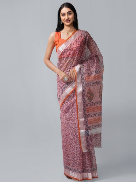 

Unnati Silks Multicoloured & Silver-Toned Ethnic Motifs Pure Cotton Block Print Saree, Multi