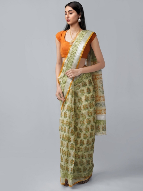 

Unnati Silks Green & Silver-Toned Ethnic Motifs Zari Pure Cotton Block Print Saree