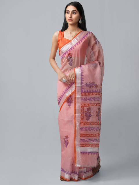 

Unnati Silks Peach-Coloured & Purple Ethnic Motifs Pure Cotton Block Print Saree