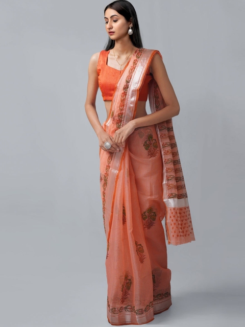 

Unnati Silks Orange & Silver-Toned Ethnic Motifs Zari Pure Cotton Block Print Saree