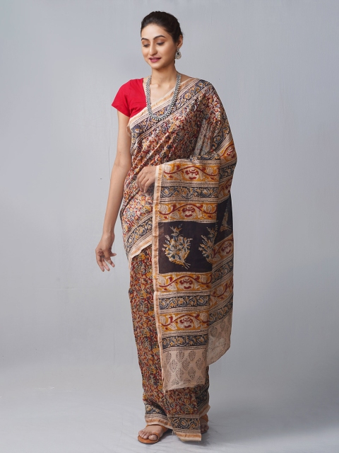 

Unnati Silks Maroon & Blue Kalamkari Silk Cotton Chanderi Saree