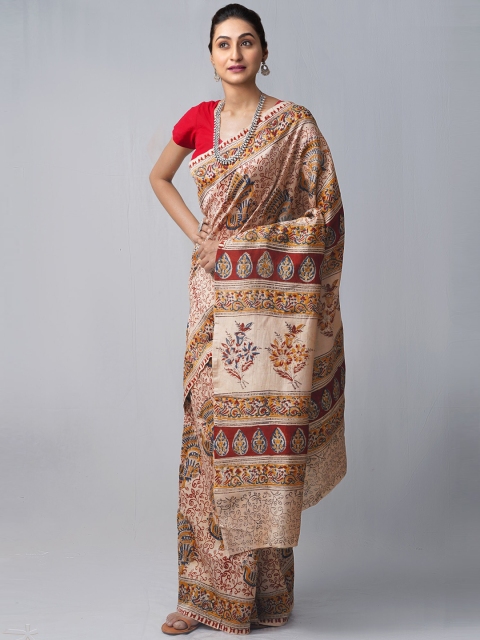 

Unnati Silks Red & Orange Kalamkari Silk Cotton Chanderi Saree
