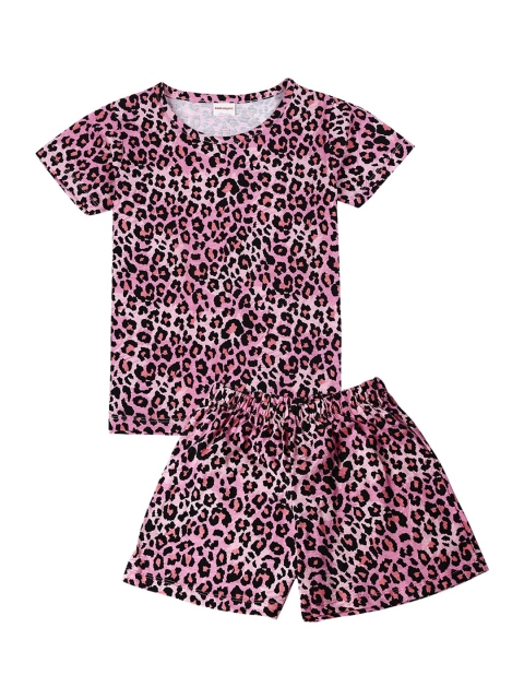 

RAINE AND JAINE Girls Black & Pink Animal Printed Pure Cotton Night Suit