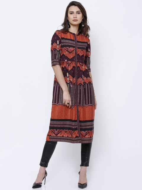 

Vishudh Rust Orange & Maroon Printed A-Line Kurta