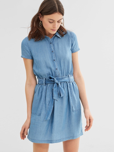 

ESPRIT Women Blue Solid Belted Denim Shirt Dress