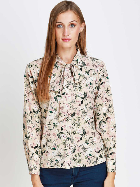 

angloindu Champagne Floral Print Tie-Up Neck Crepe Top