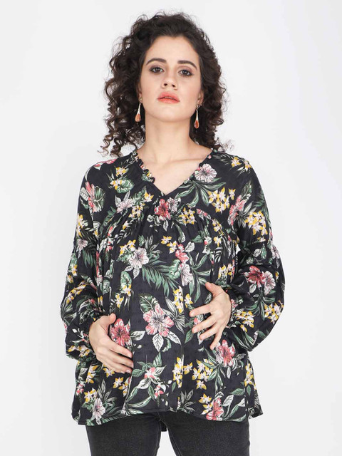 

angloindu Black Floral Print Top