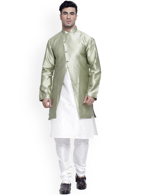 

Benstoke Men White Pleated Dupion Silk Kurta with Pyjamas