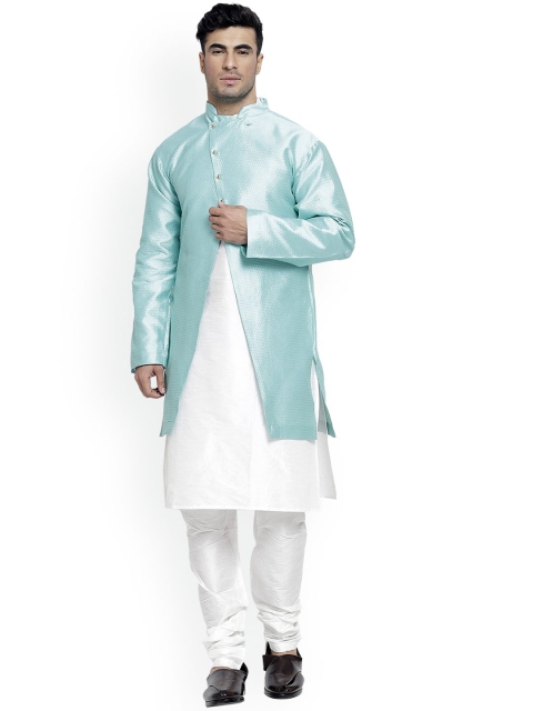 

Benstoke Men White Pleated Dupion Silk Kurta with Pyjamas
