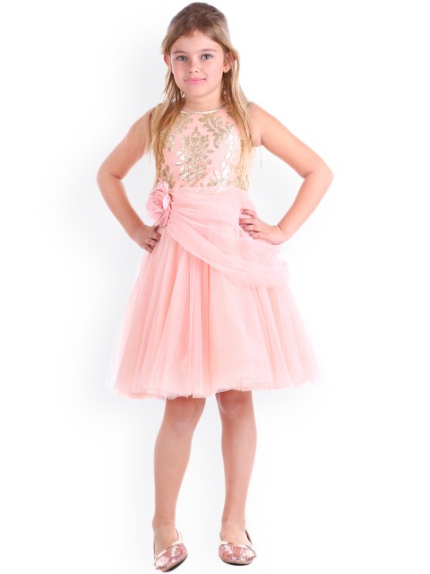 

CUTECUMBER Girls Peach-Coloured & Gold-Toned Embellished Fit and Flare Dress