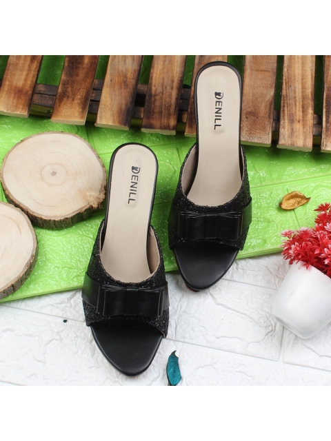 

Denill Black Printed Block Mules with Bows