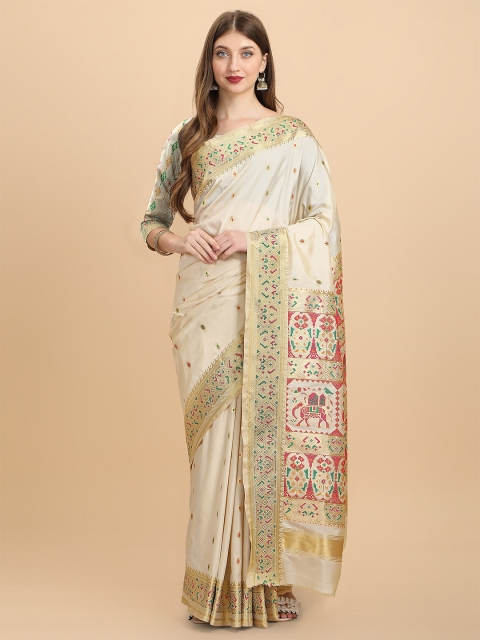 

VAIVIDHYAM Off White & Red Woven Design Zari Pure Cotton Kanjeevaram Saree