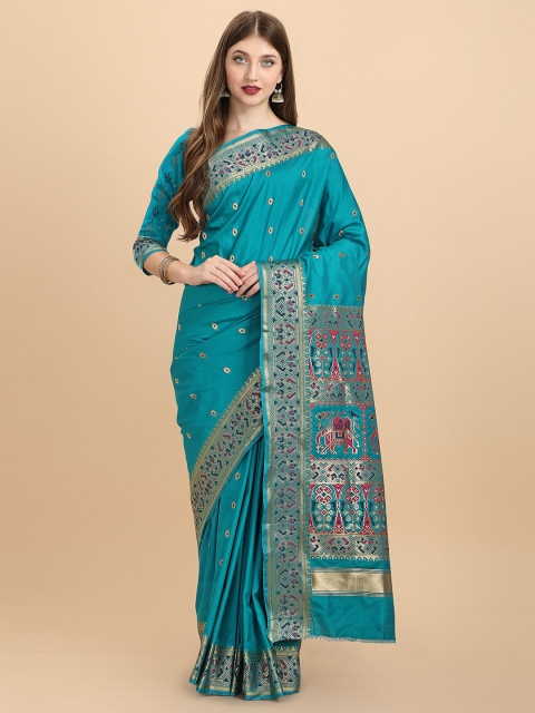 

VAIVIDHYAM Turquoise Blue & Red Woven Design Zari Pure Cotton Kanjeevaram Saree