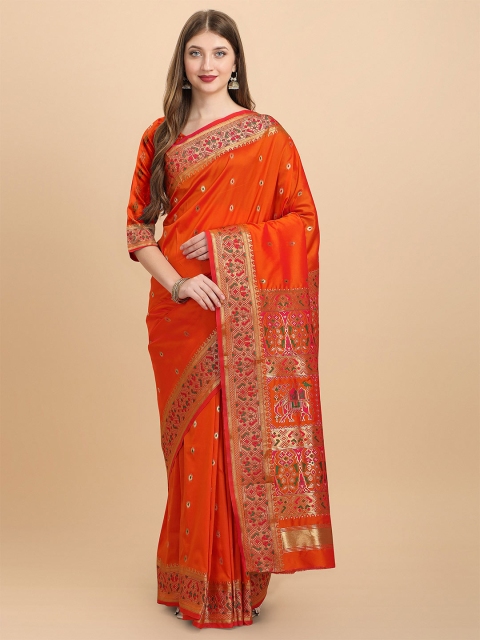 

VAIVIDHYAM Orange & Green Woven Design Zari Pure Cotton Kanjeevaram Saree