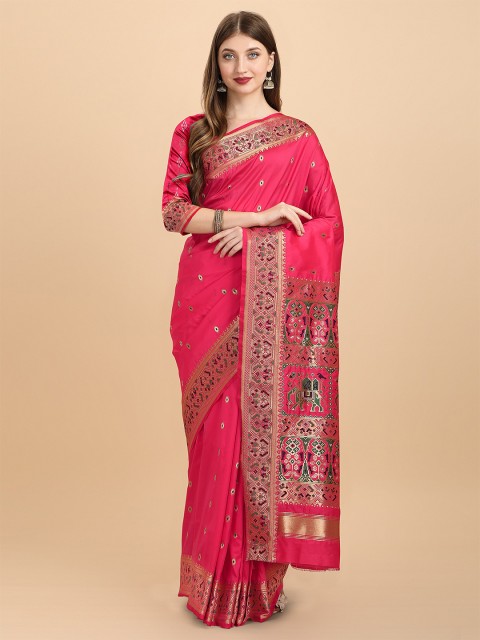 

VAIVIDHYAM Pink & Blue Woven Design Zari Pure Cotton Kanjeevaram Saree