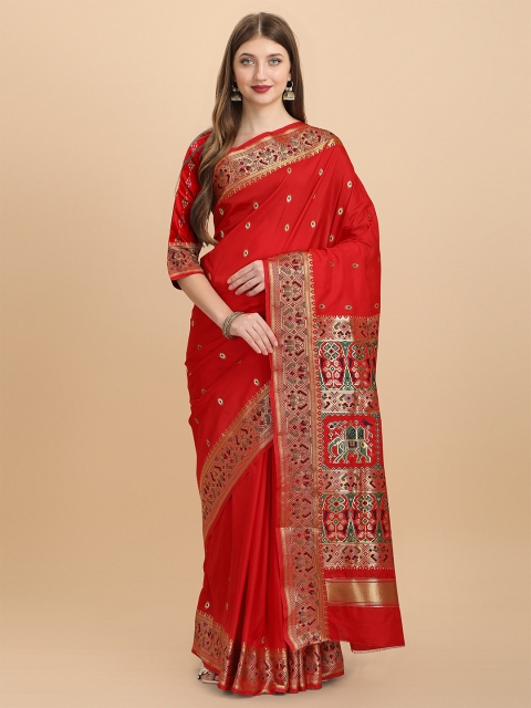 

VAIVIDHYAM Red & Green Woven Design Zari Pure Cotton Kanjeevaram Saree