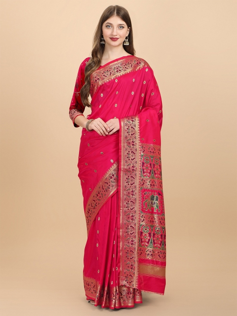 

VAIVIDHYAM Peach-Coloured & Green Woven Design Pure Cotton Kanjeevaram Saree