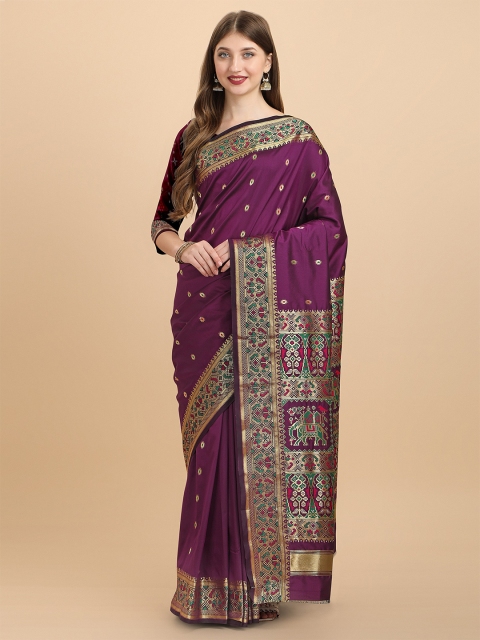 

VAIVIDHYAM Magenta & Green Woven Design Zari Pure Cotton Kanjeevaram Saree