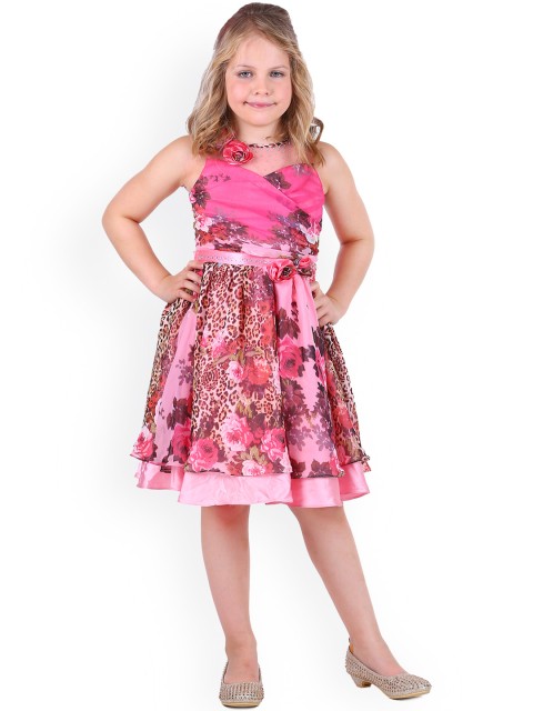 

CUTECUMBER Girls Pink Embellished Floral Print Fit and Flare Dress