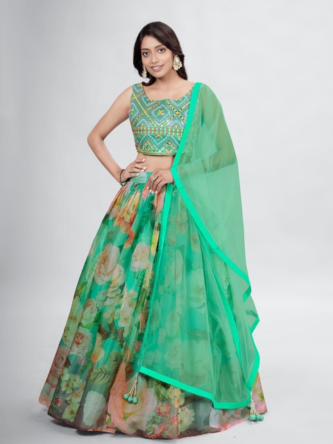 

DRESSTIVE Green & Peach-Coloured Embroidered Mirror Work Ready to Wear Lehenga & Blouse With Dupatta