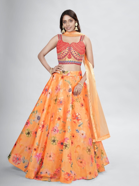 

DRESSTIVE Mustard & Blue Embroidered Mirror Work Ready to Wear Lehenga & Blouse With Dupatta