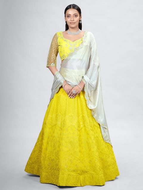 

DRESSTIVE Yellow & White Embroidered Sequinned Semi-Stitched Lehenga & Unstitched Blouse With Dupatta