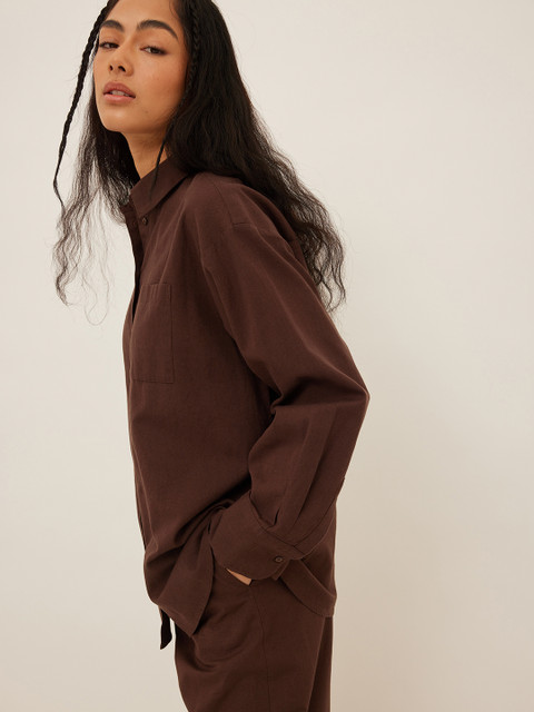 

NA-KD Women Coffee Brown Solid Cotton Linen Casual Shirt