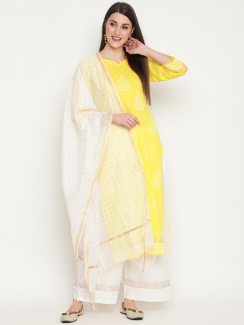 

THE NKS PLUS Women Yellow Layered Pure Cotton Kurta with Skirt & With Dupatta