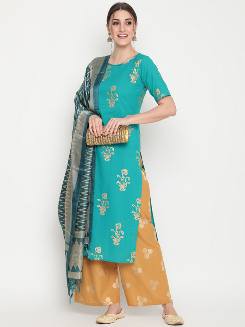

THE NKS PLUS Women Turquoise Blue Ethnic Motifs Printed Pure Cotton Kurti with Palazzos & With Dupatta