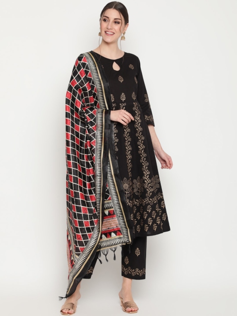 

THE NKS PLUS Women Black Floral Embroidered Pleated Pure Cotton Kurti with Salwar & With Dupatta