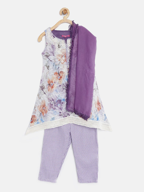 

Biba Girls Purple & Off-White Printed A-Line Kurta with Trousers & Dupatta